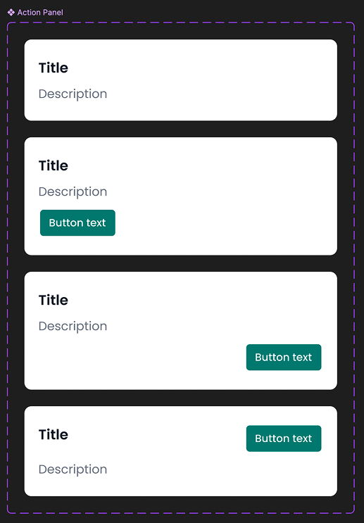 Action panel-komponenter med ulike CTA-oppsett